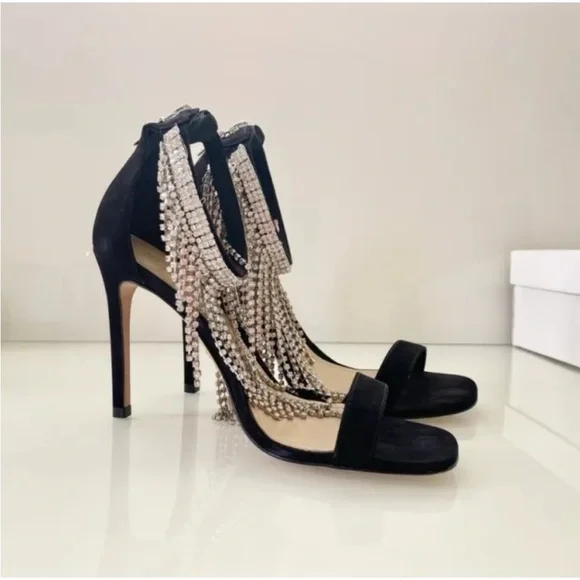 SCHUTZ Black Ankle Fringe Crystal Heels SZ 8.5 - Picture 2 of 3